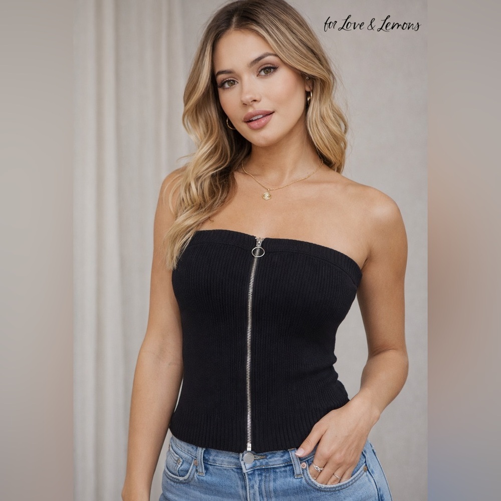 For Love & Lemons Ribbed Knit‎ Strapless Zip Top Black Size M Stretchy